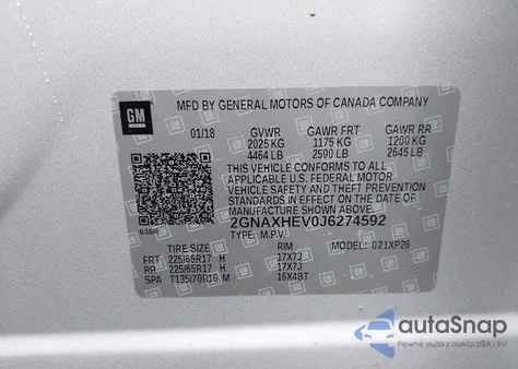 2018 Chevrolet Equinox Ls z USA, uszkodzony, nr VIN 2GNAXHEV0J6274592
